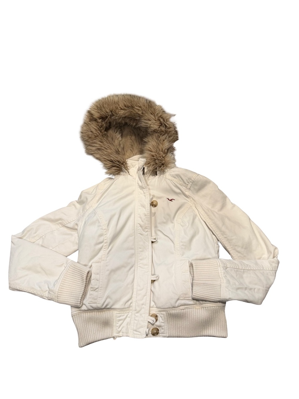 Y2K Hollister Cream Hooded Puffer Jacket with Faux-Fur Trim